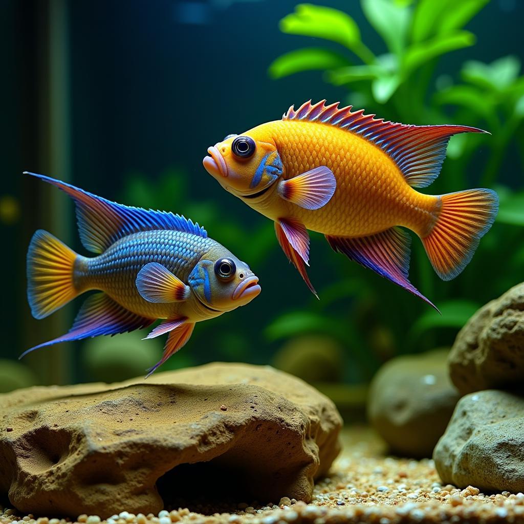 A breeding pair of African Butterfly Cichlids displaying vibrant colors.