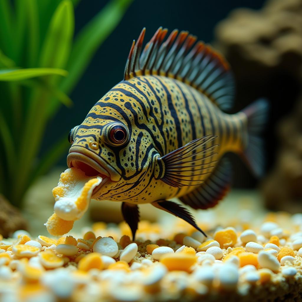 African Butterfly Fish Eating Flakes