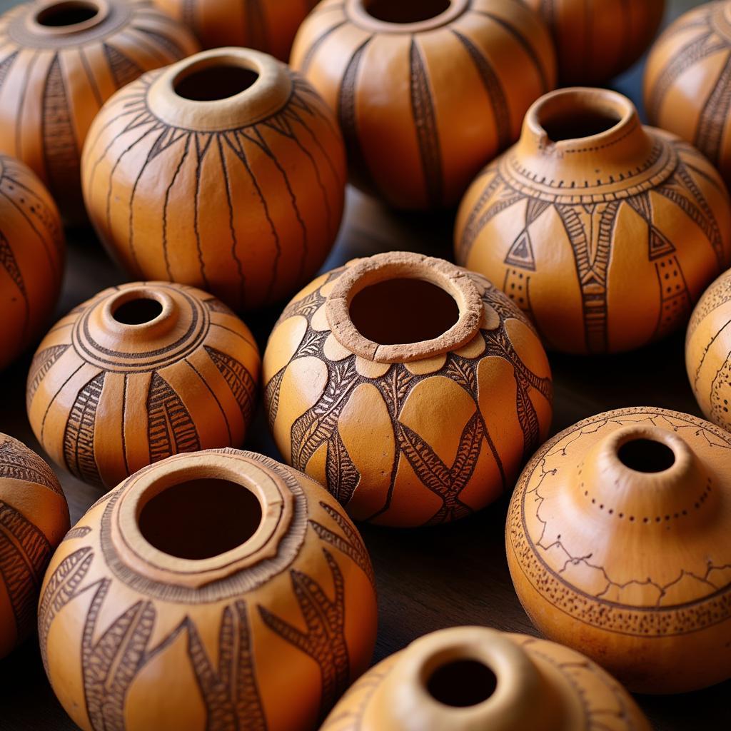 Intricately Carved African Calabash Bowls