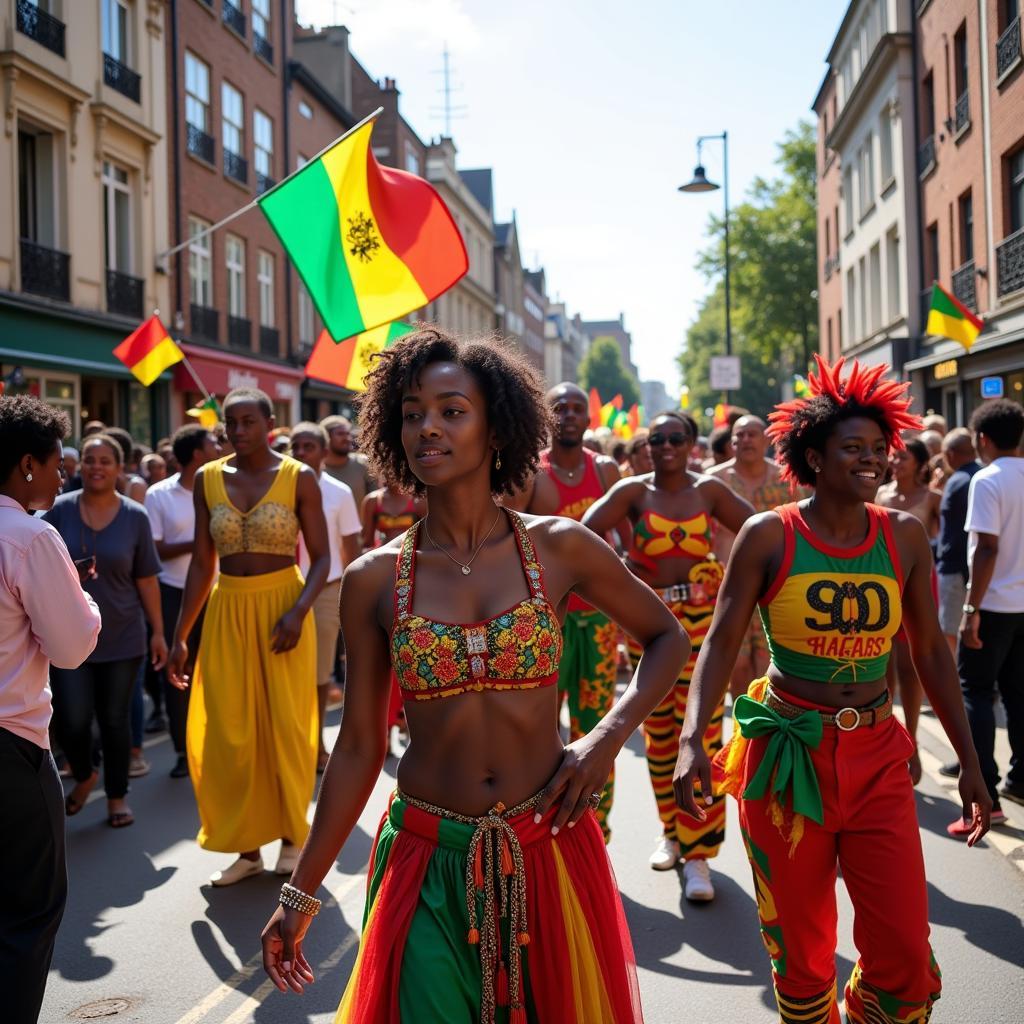 Colorful street parade at African Carnival London