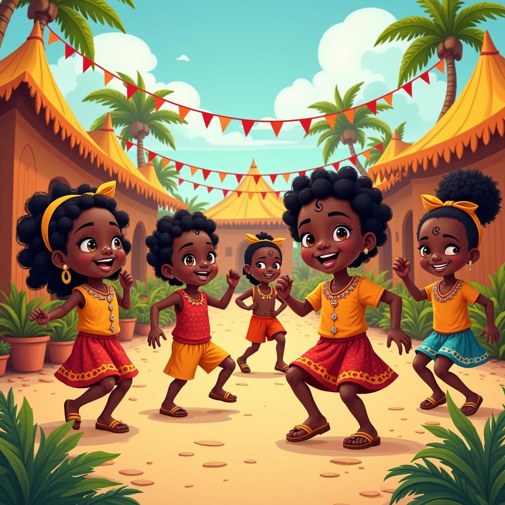 African Cartoon Children Celebrating a Festival