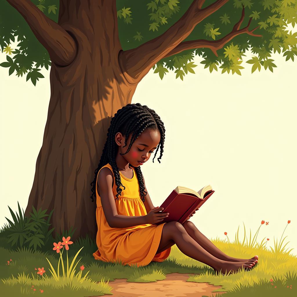 African Cartoon Girl Reading a Book Under a Tree