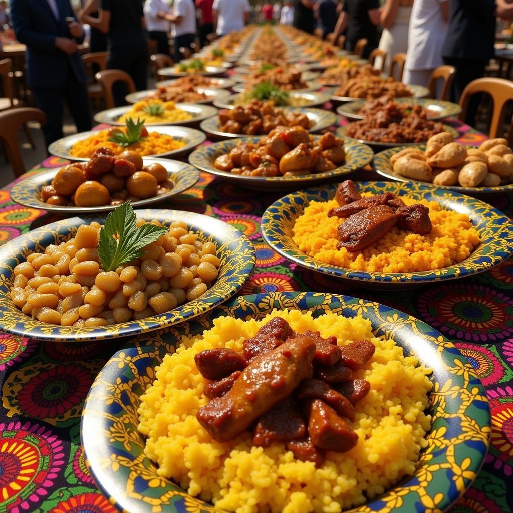 A vibrant buffet showcasing diverse African dishes at a catered event in Chicago.