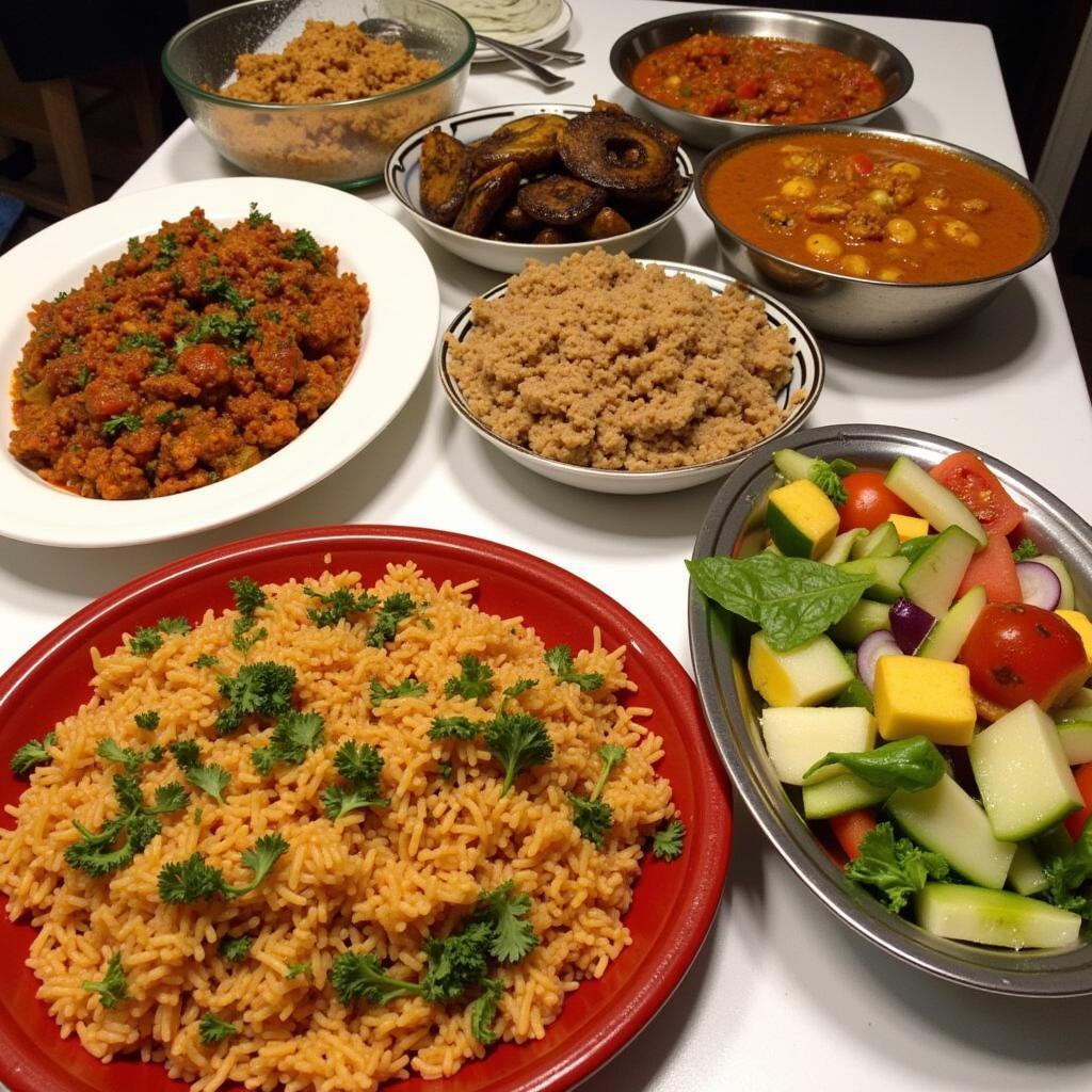 A vibrant buffet display featuring a variety of colorful African dishes, showcasing the diversity and richness of African cuisine.