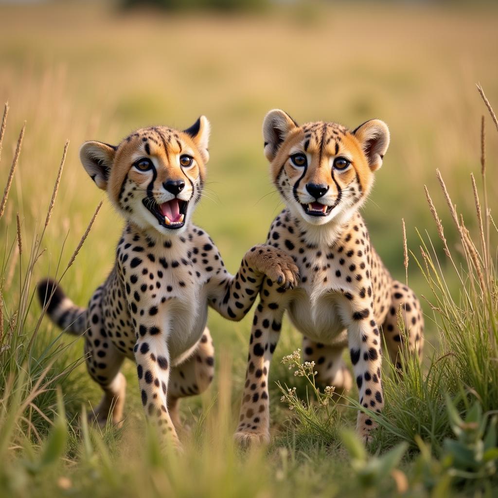 Cheetah cubs playing in the grass