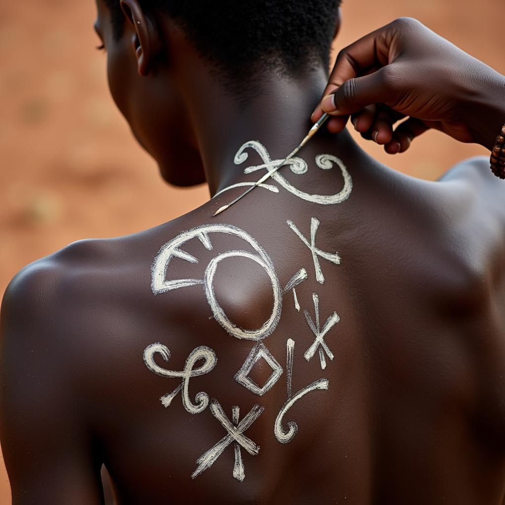 Elaborate chalk and clay body art for an African ceremony