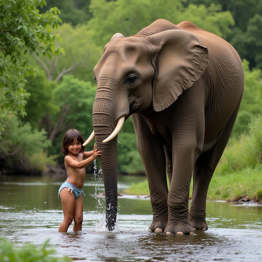 A young African child gently washes a large elephant in a river in Zimbabwe