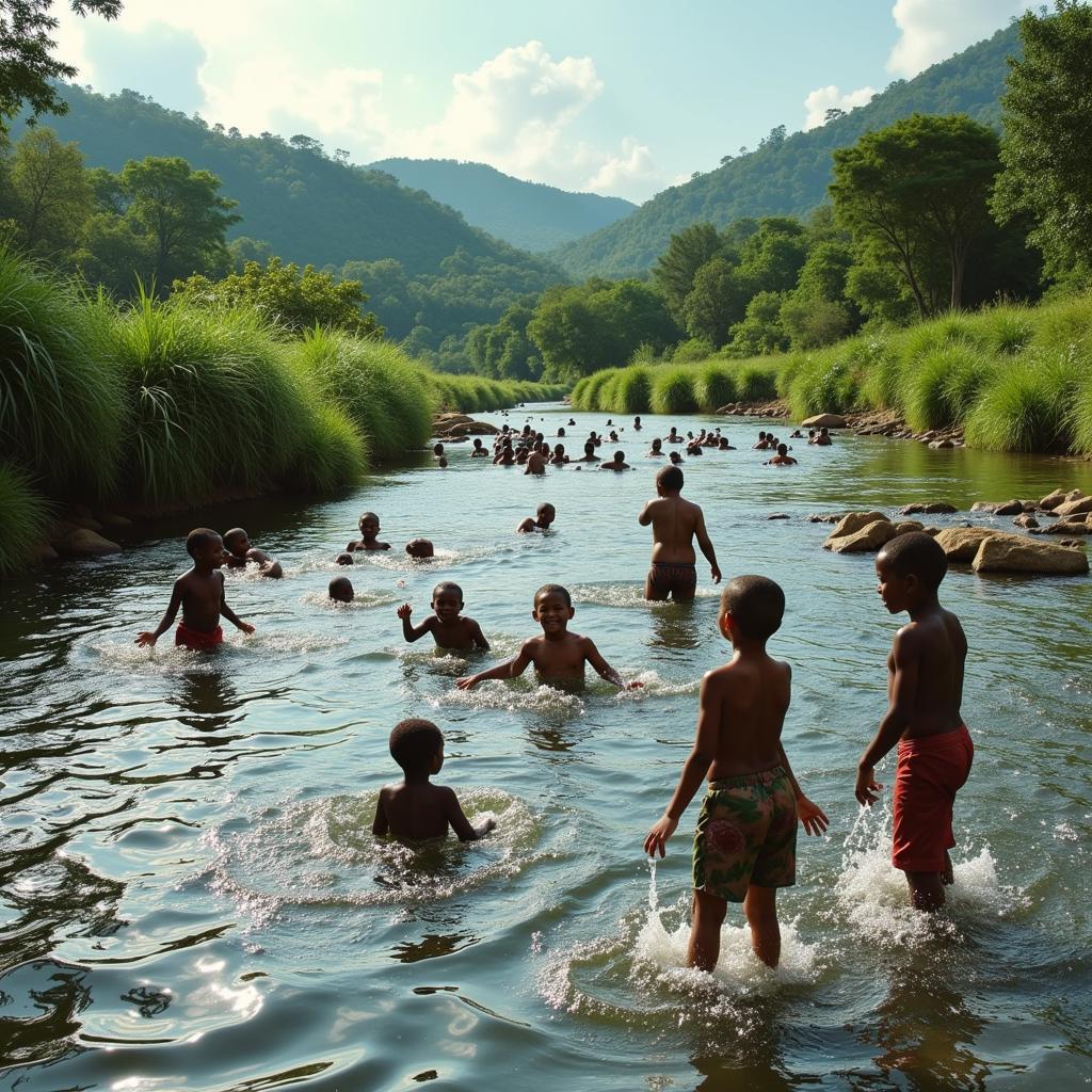 Child bathing in a river with family