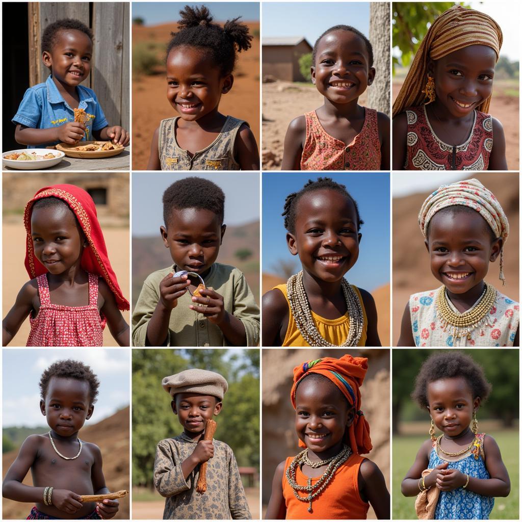 Children from various African cultures showcasing traditional attire and activities