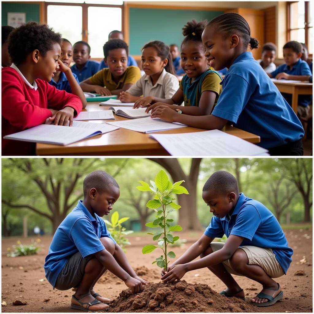 African children attending school and participating in community activities