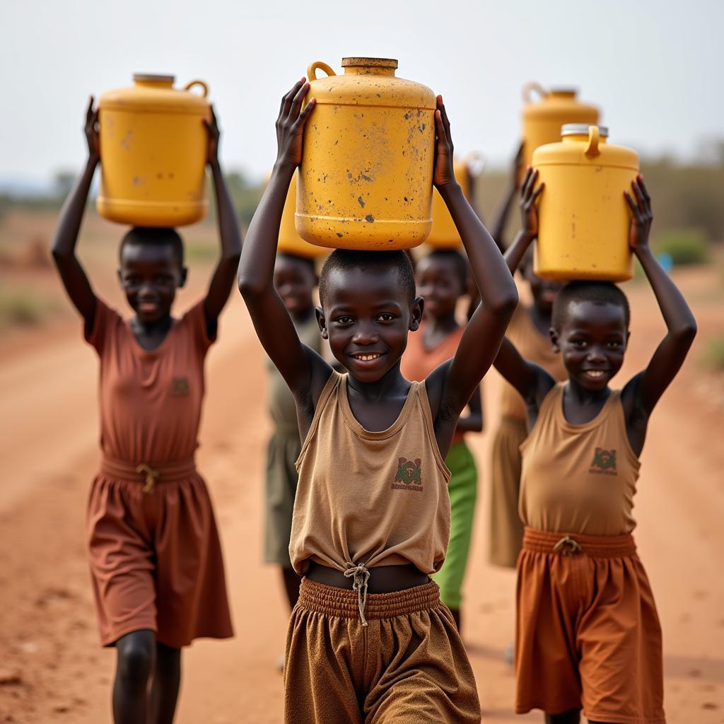 Several African children carrying water containers on their heads, illustrating the daily struggle for clean water.