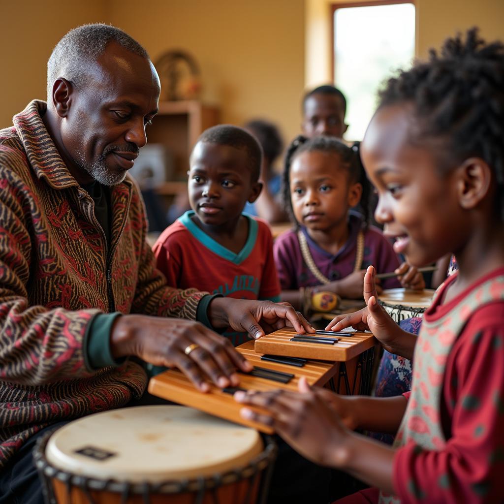 African Children Learning Traditional Instruments