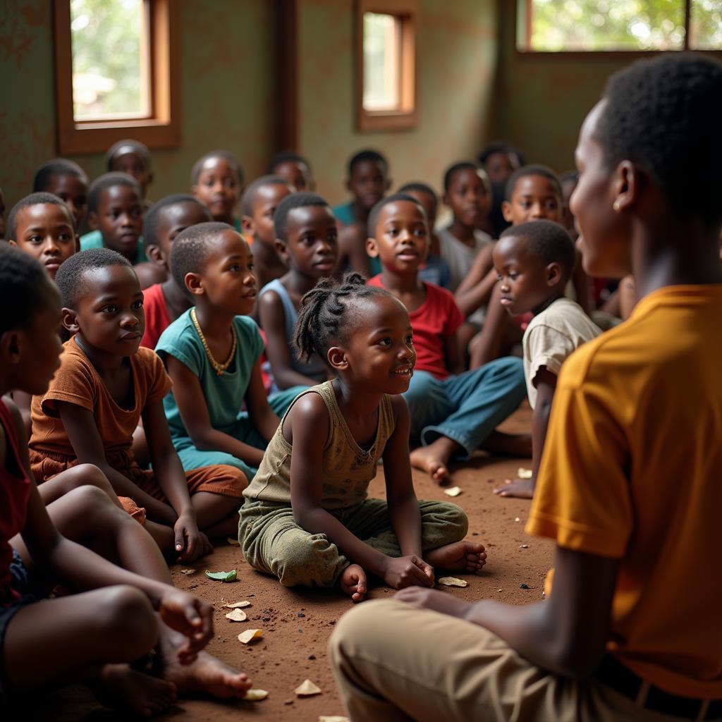 Image depicting African children listening attentively to a storyteller