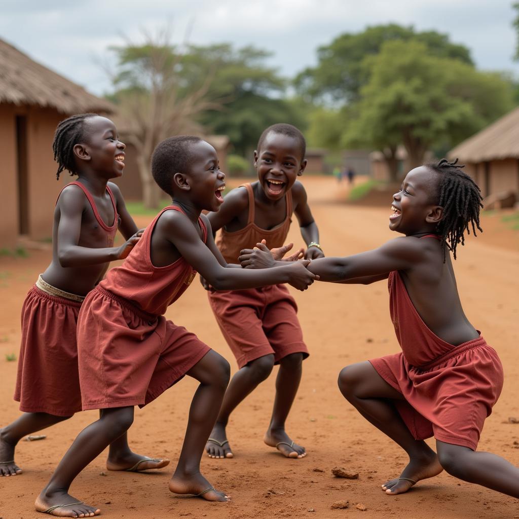 African children playing together in a village.