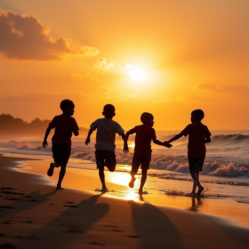 African children running along a beach at sunset