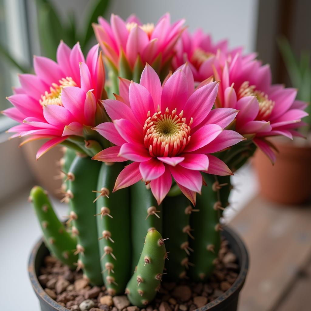 Vibrant pink flowers blooming on an African Christmas Tree Cactus