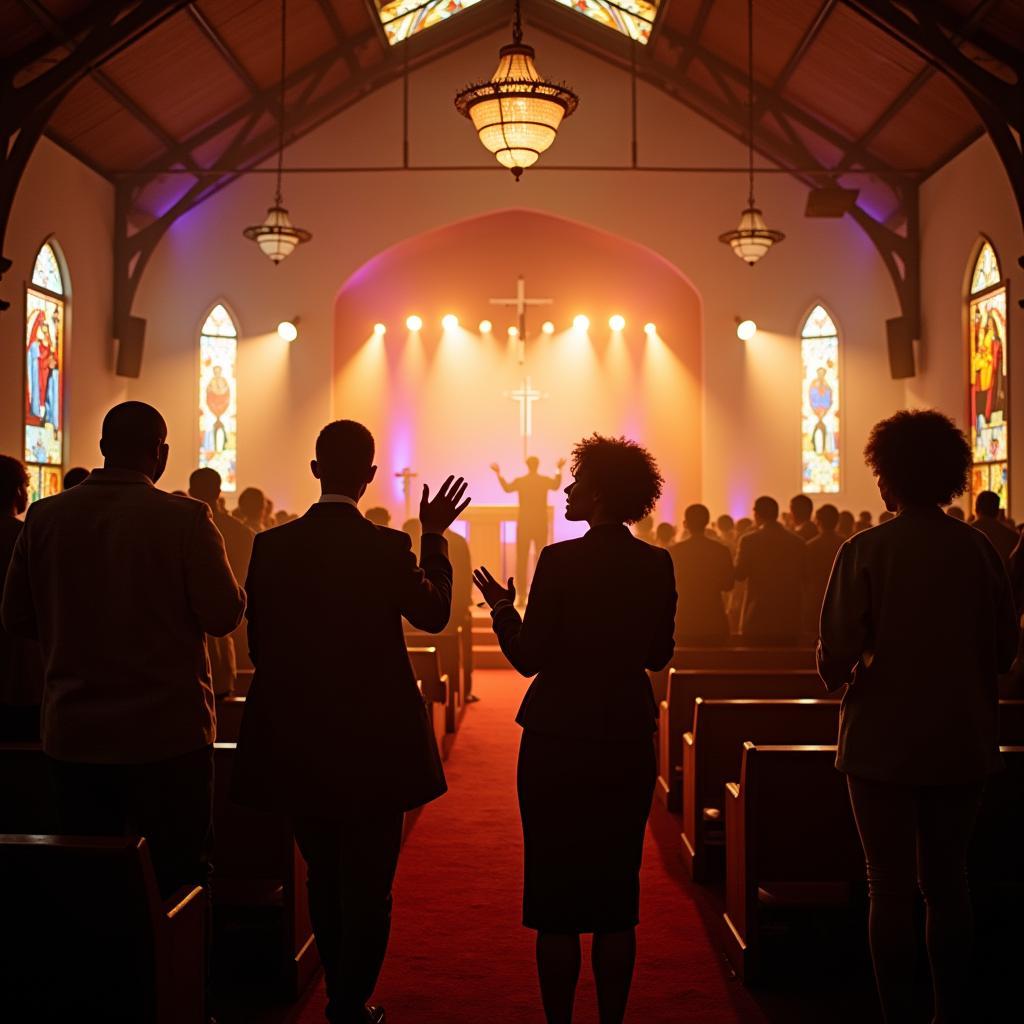 Interior view of an African church in Birmingham during a lively worship service