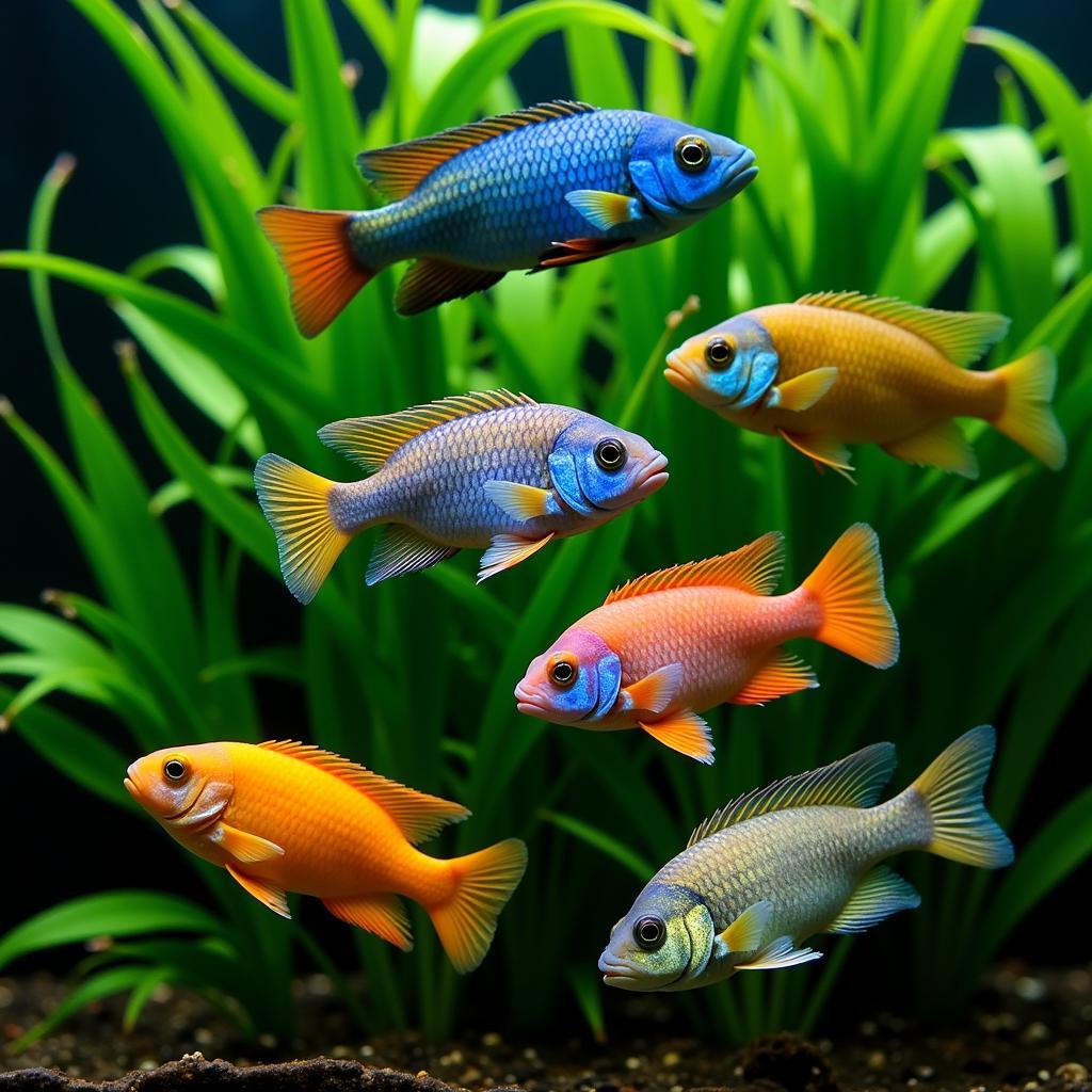 African Cichlids thriving in a lush planted aquarium