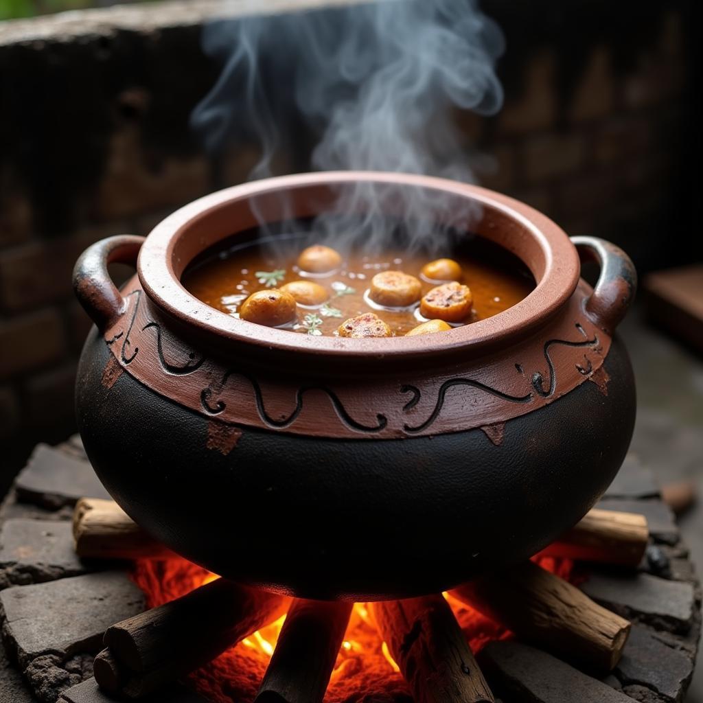 Traditional stew simmering in an African clay pot