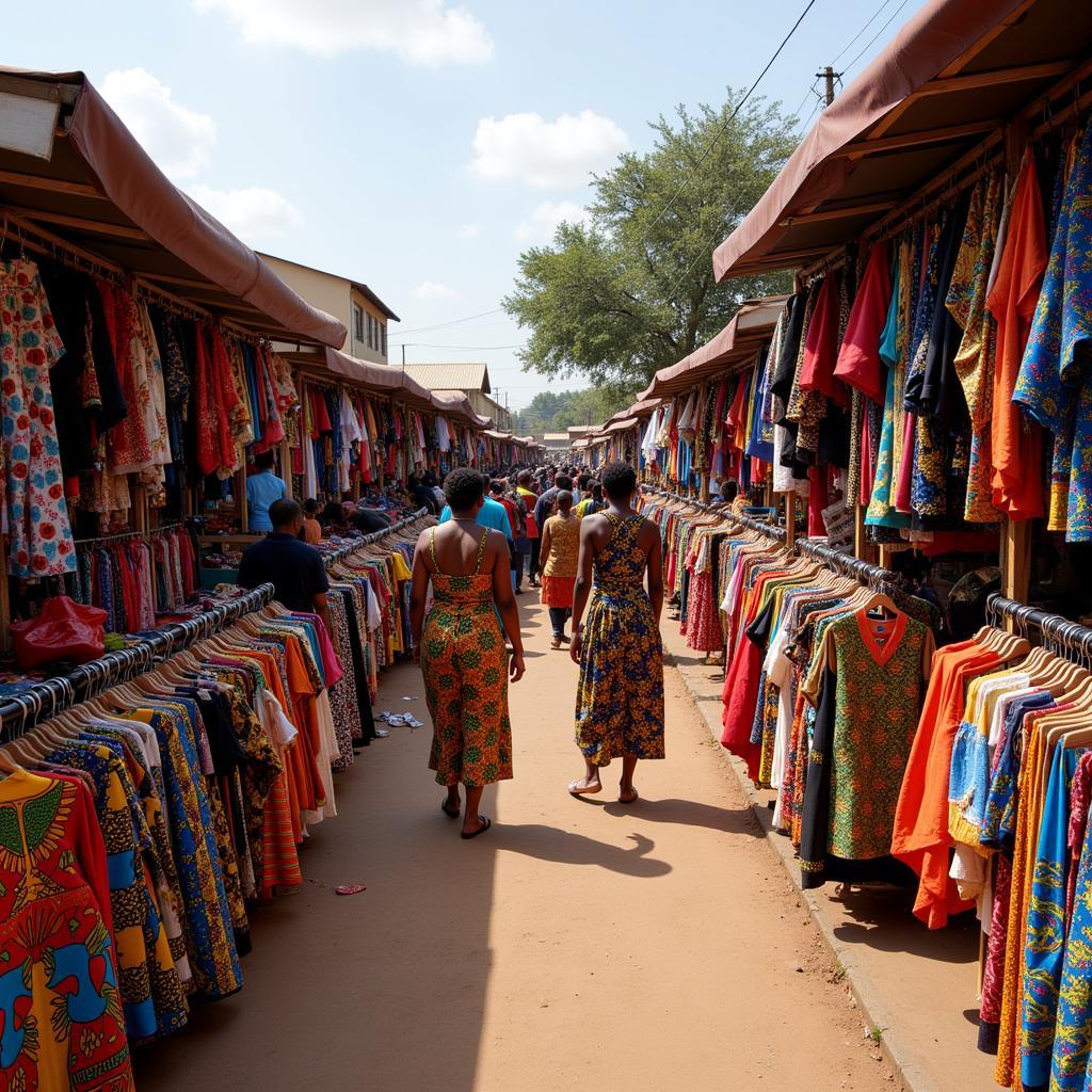 Vendors selling colorful African clothing in a bustling marketplace