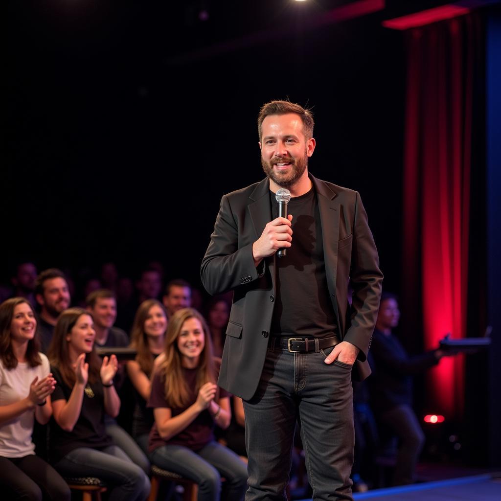 An African comedian performing stand-up comedy to a large, enthusiastic audience.