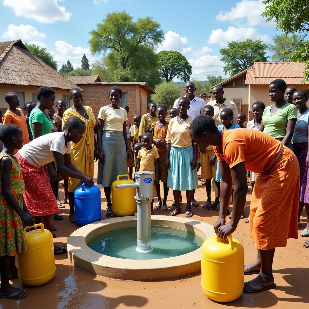 A group of African villagers gathered around a newly built water well, symbolizing hope and improved access to clean water.