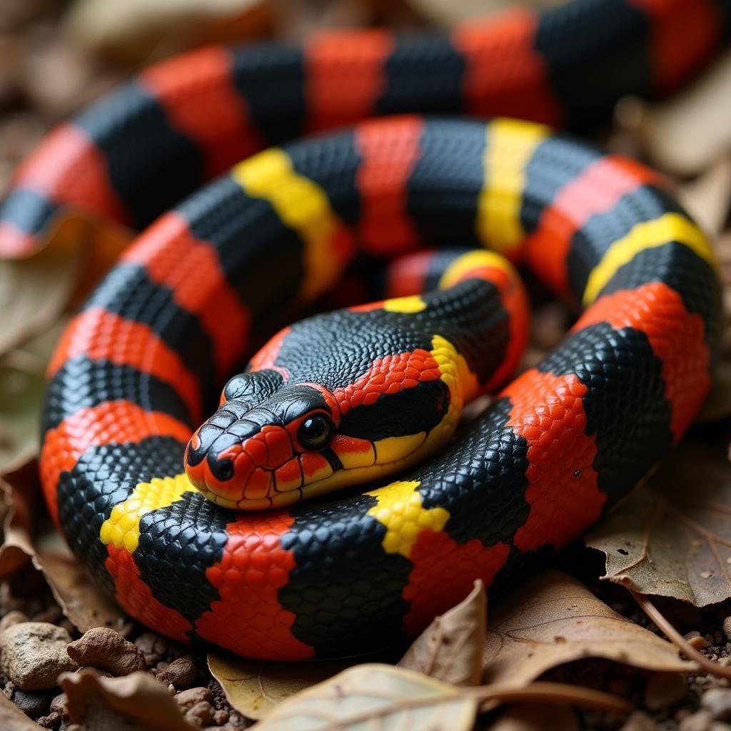 African Coral Snake Identification: Distinguishing features of the venomous African coral snake, including its vibrant banding patterns and head shape.