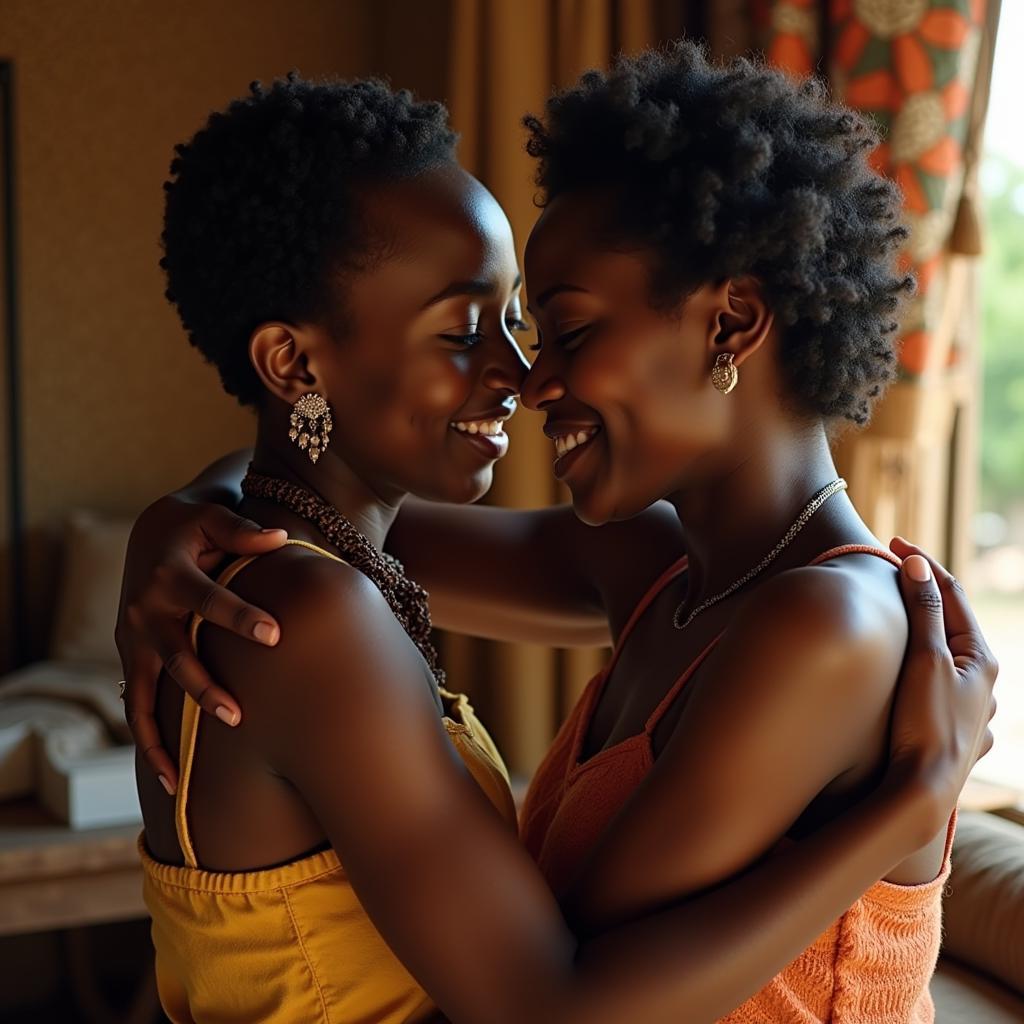 African Couple Intimacy and Connection:  A tasteful and respectful depiction of a couple embracing, conveying emotional intimacy and connection within an African setting.