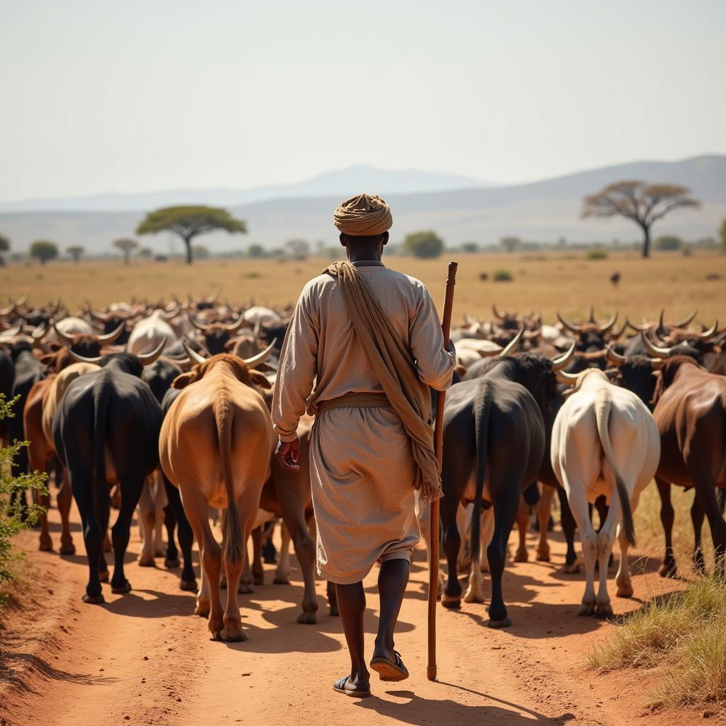 African Herder with Cattle: A pastoralist guides his herd across the savanna, demonstrating the close relationship between humans and cattle in many African communities.