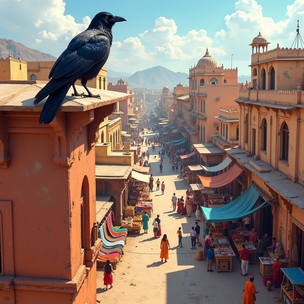 African Crow Observing the Bustling Jodhpur Market