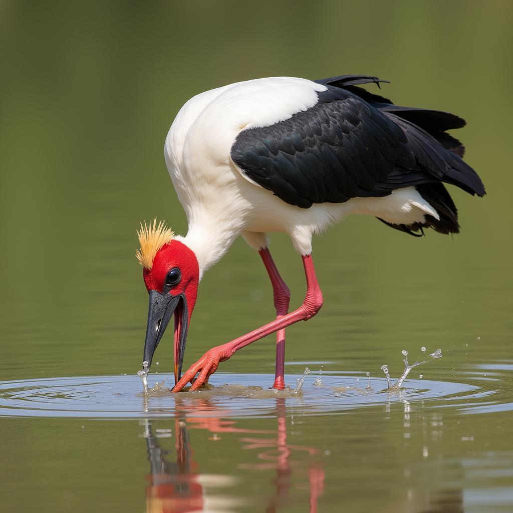 African Crowned Stork Feeding Behavior