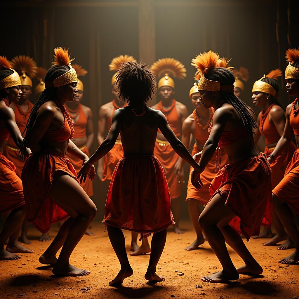 Dancers performing a traditional ritual in ceremonial attire