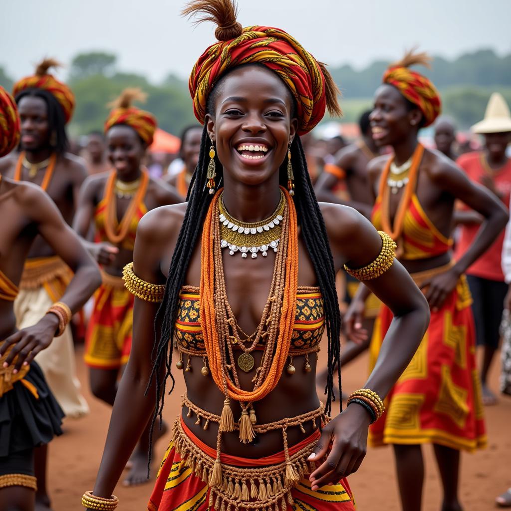 African dancer smiling during a traditional ceremony