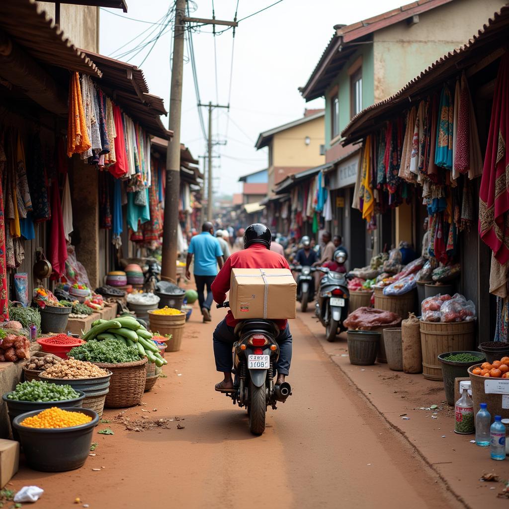 Vibrant African market scene with delivery in action