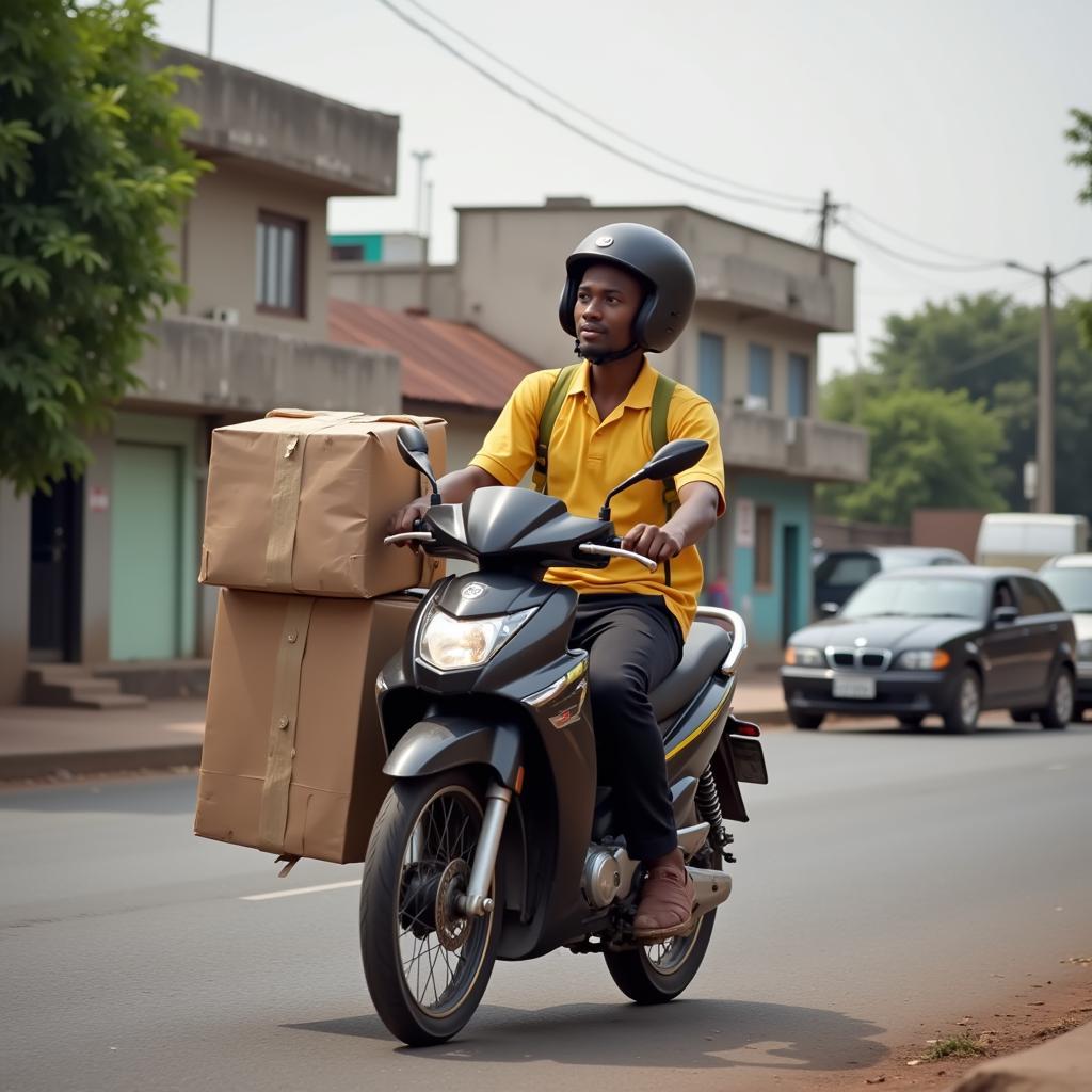 An African entrepreneur delivering goods on a motorbike, navigating bustling city streets.