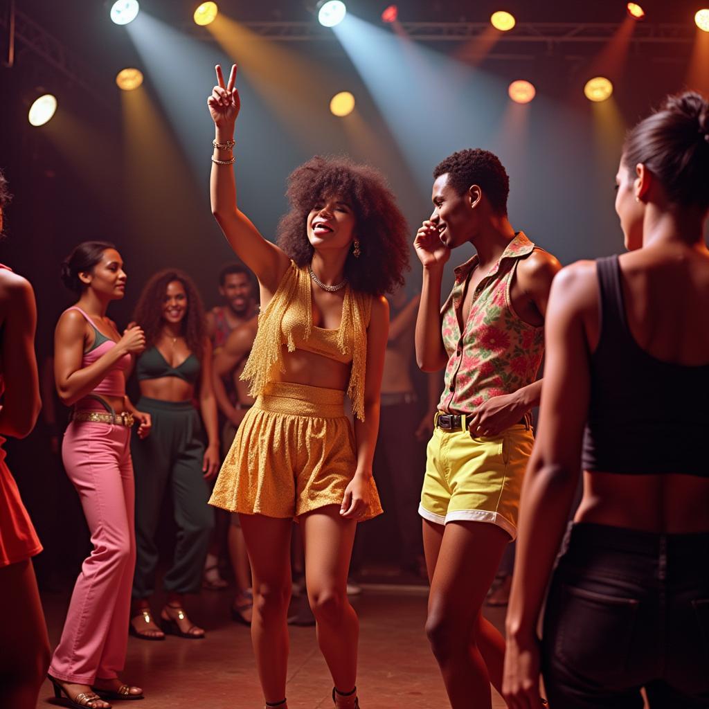 African disco dancers in the 1970s showcasing the energetic nightlife.