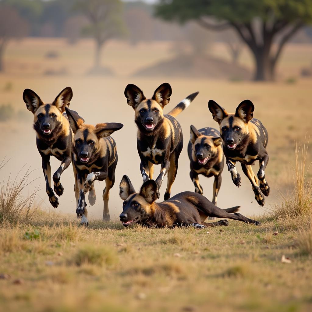 African Dog Pack Hunting Antelope