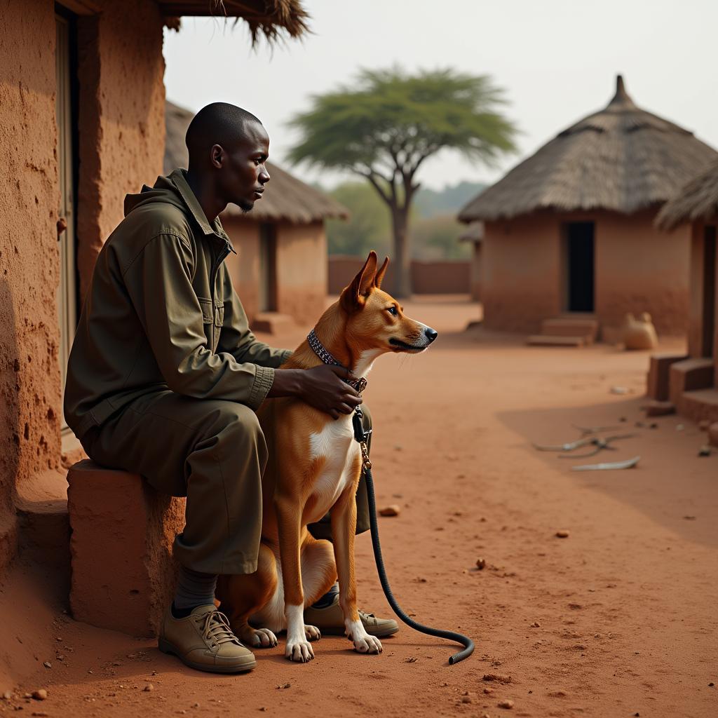 Basenji dog sitting with its owner in a rural African setting