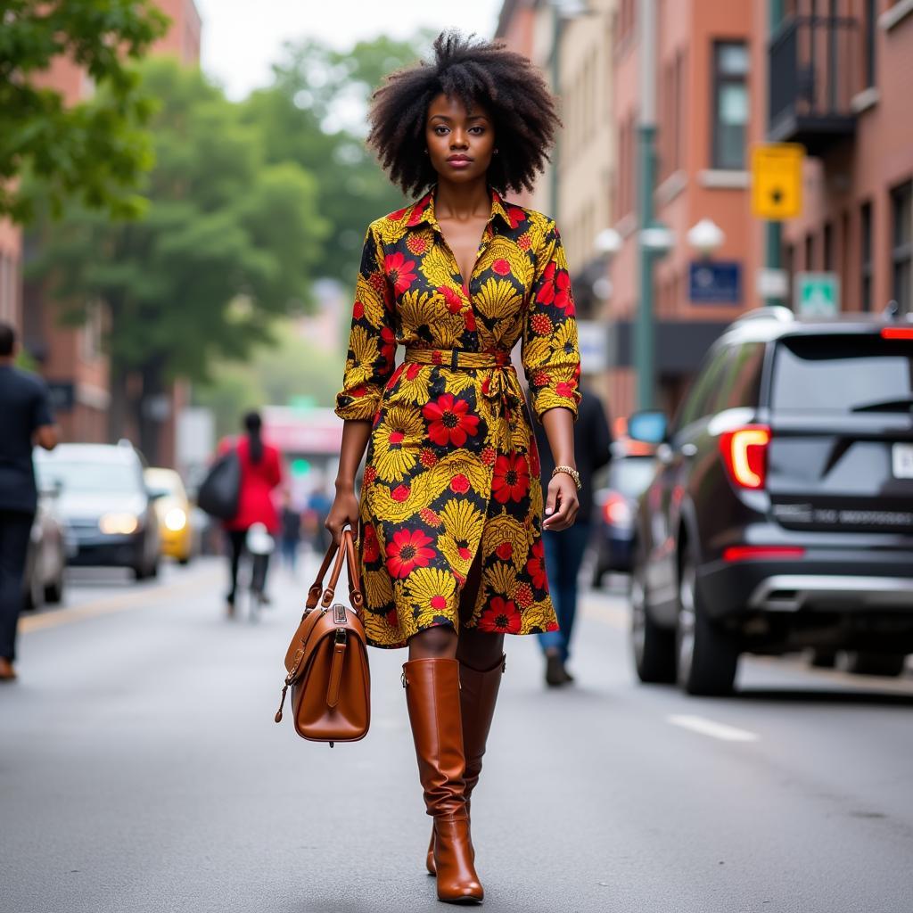 African Dress with High Boots Street Style