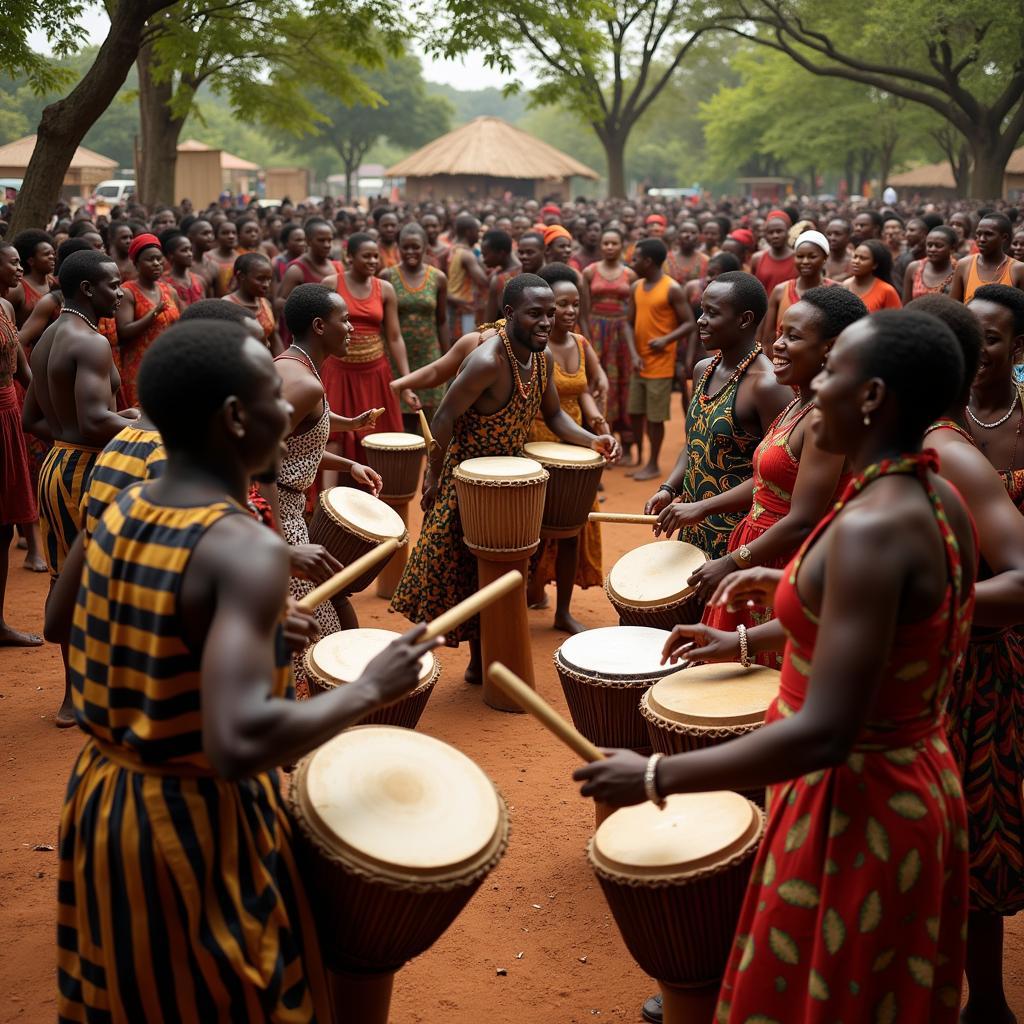 African drum circle with vibrant dancers celebrating