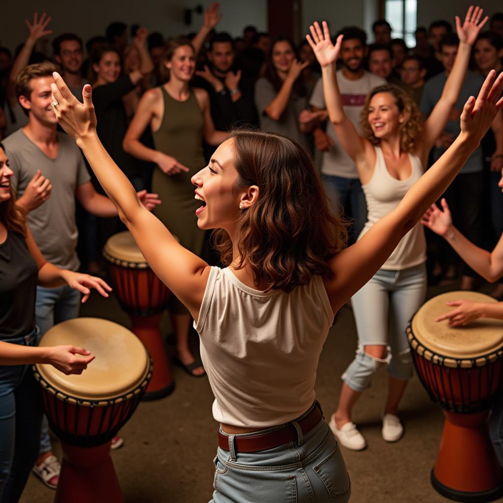 Participants joyfully dancing in an African drum circle, expressing themselves through movement.