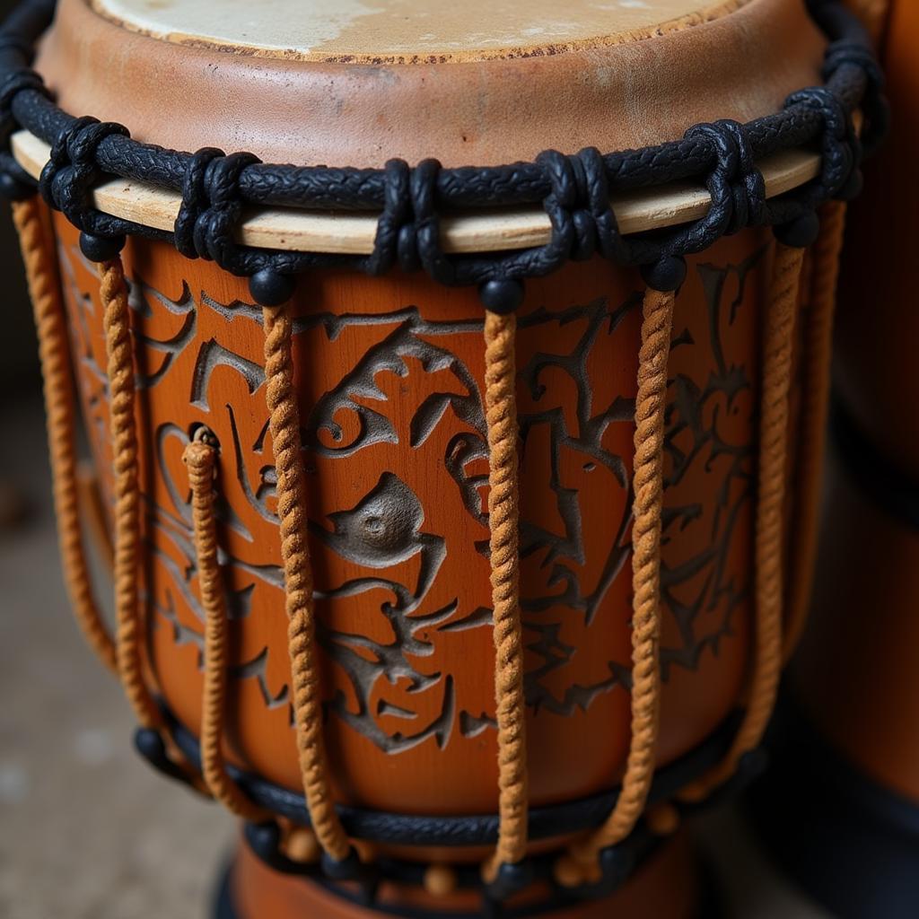 Intricate carvings on a traditional African drum face