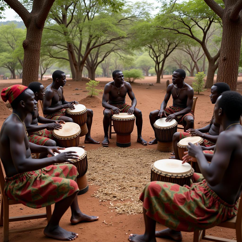 African Drumming Circle: Musicians create rhythmic energy in a traditional setting