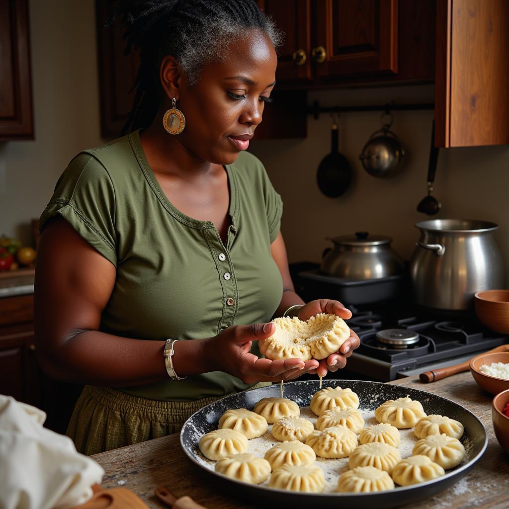 A woman preparing African dumplings in a traditional kitchen