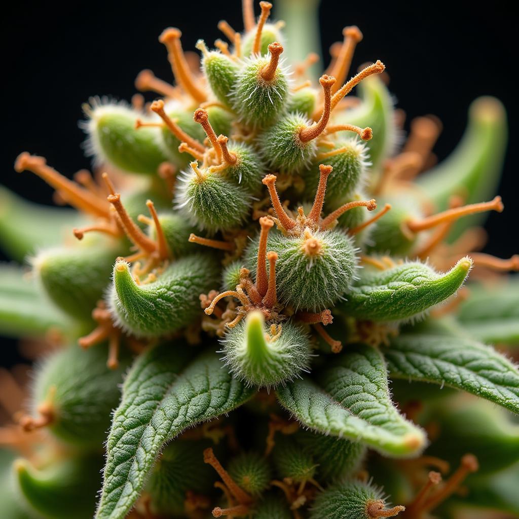 Close-up of African Durban Weed buds, showcasing its unique structure and trichome coverage.