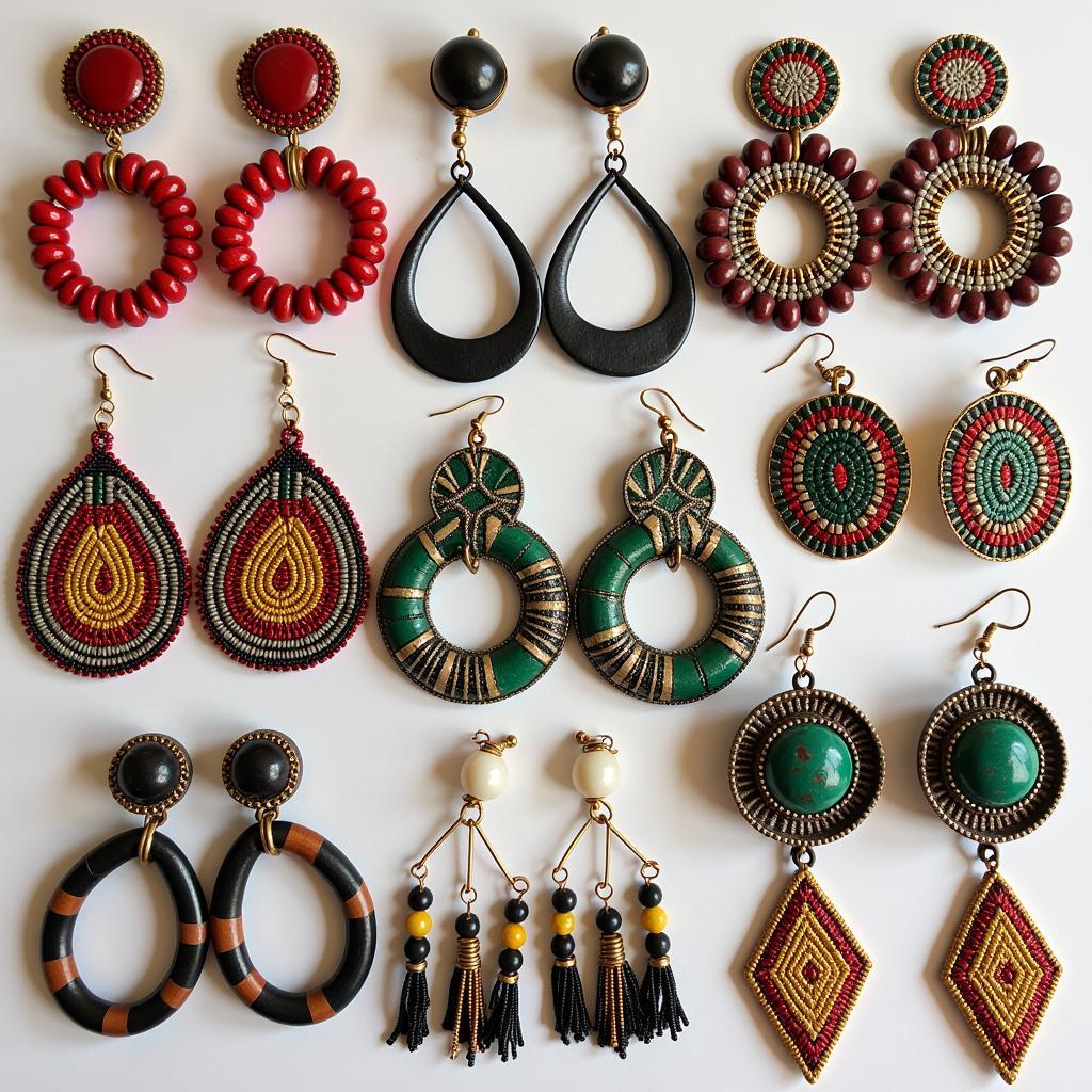 A wide variety of African earrings showcasing different styles, materials, and cultural influences.