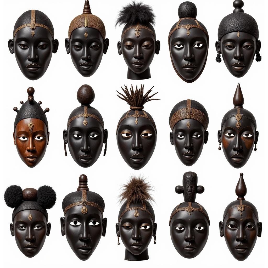 Diverse styles of African ebony mask carving.