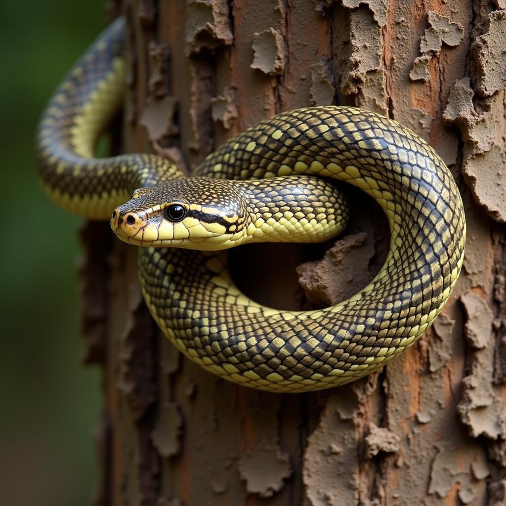 African Egg-Eating Snake Camouflaged in Tree