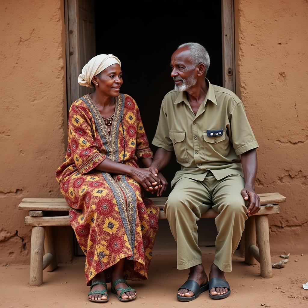 Elderly African Couple Holding Hands in a Village Setting