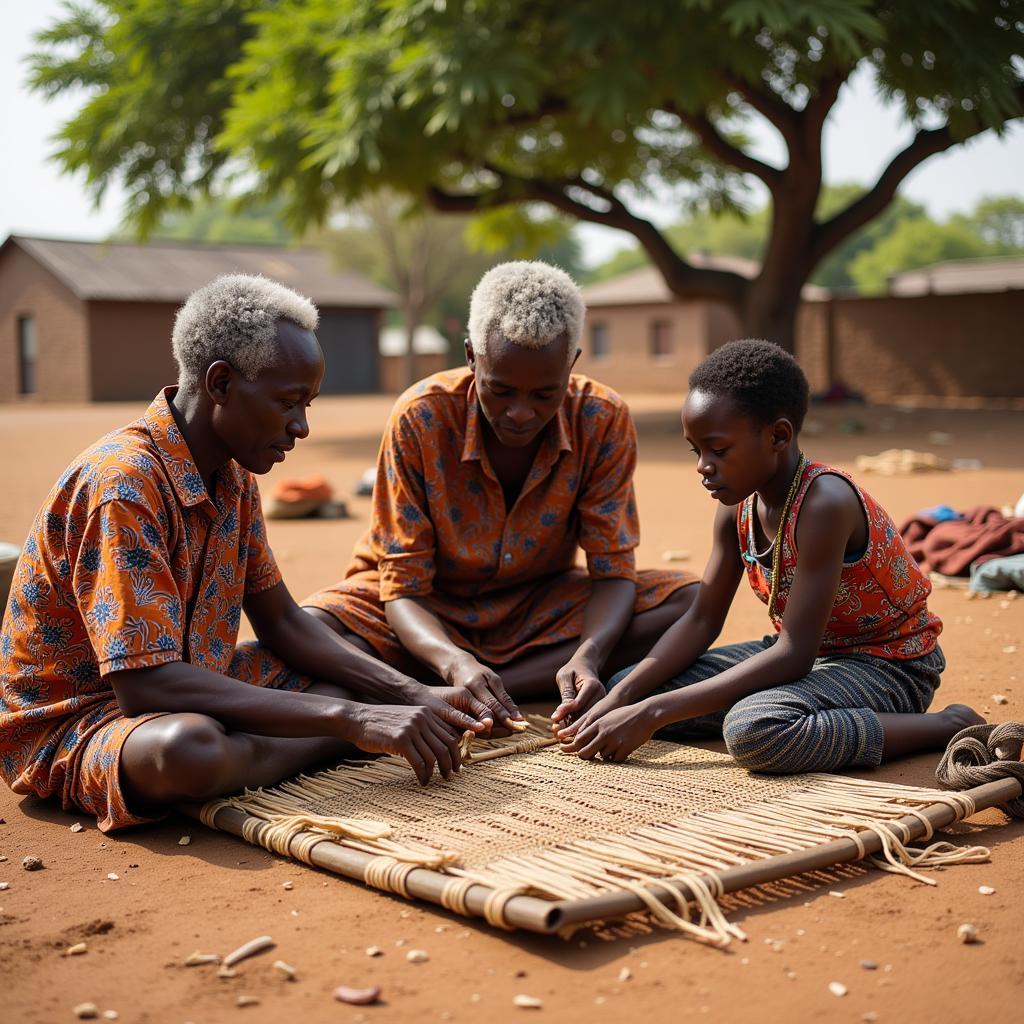 Elderly African Couple Teaching Grandchildren Traditional Weaving